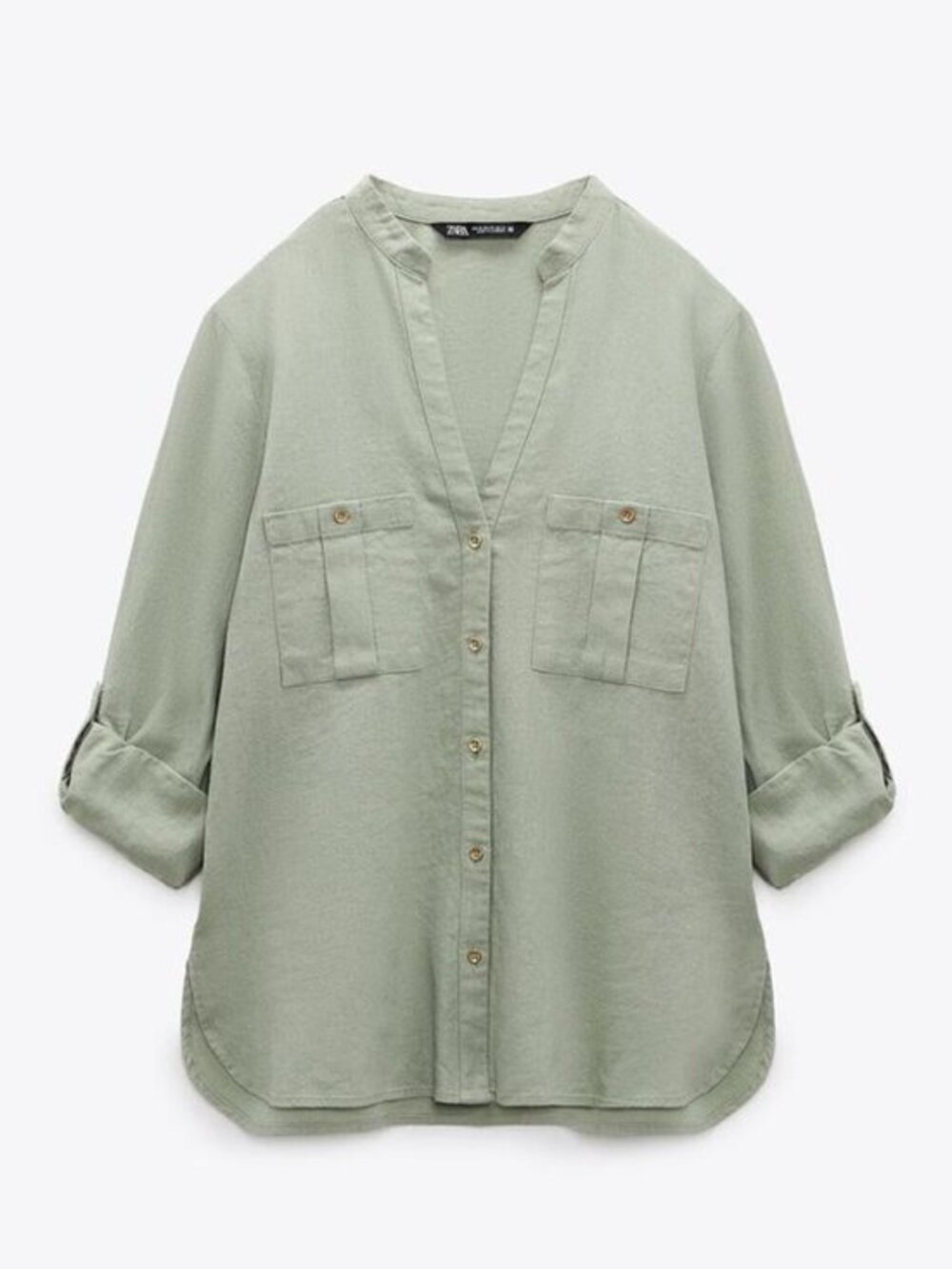 Zara Roll Up Sleeve Linen Blend Button Up Shirt Size L